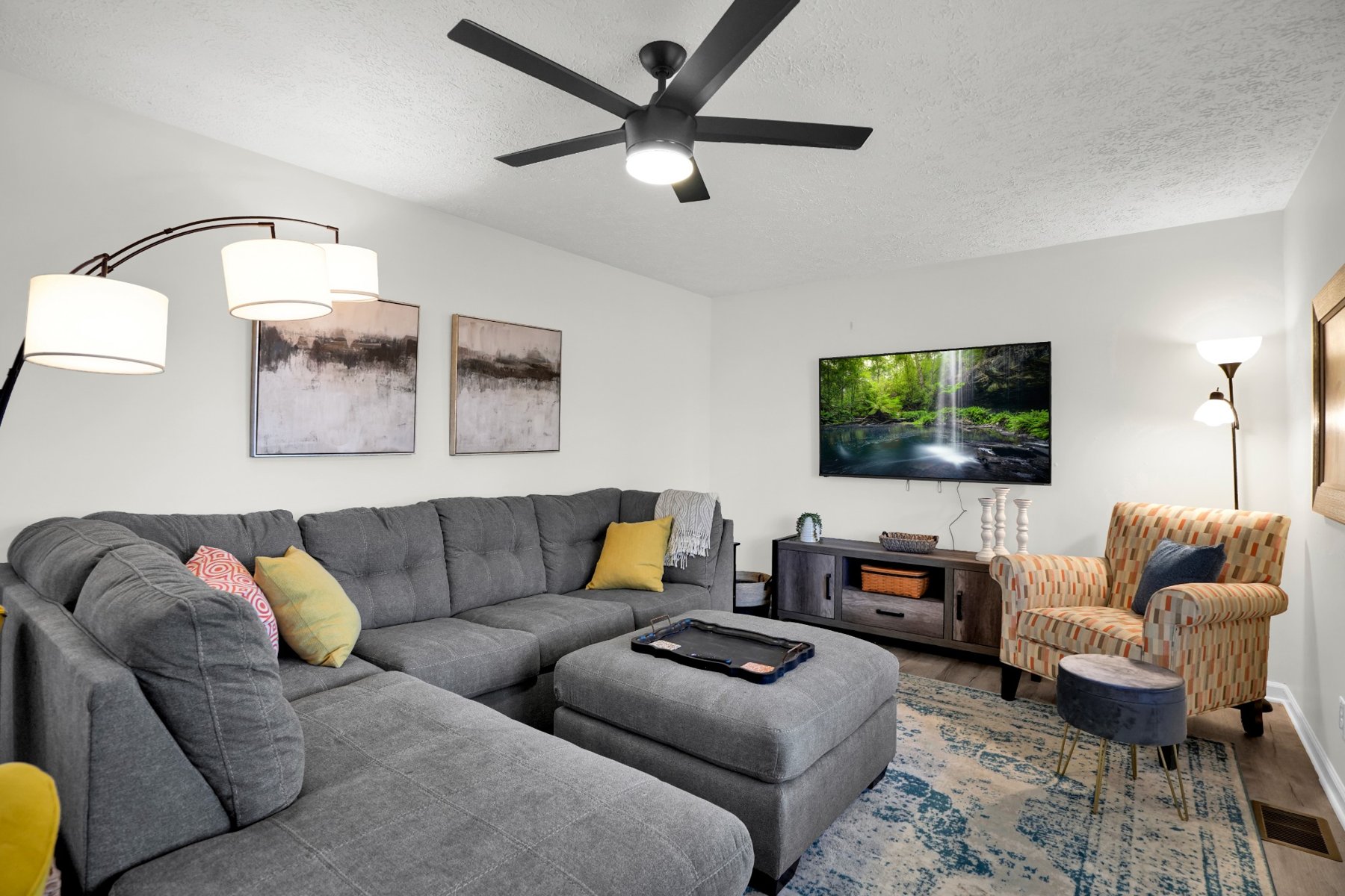 Living room sectional and seating area